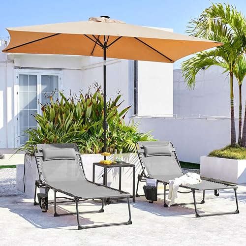 Yaheetech 26.4" Outdoor Folding Tanning Chair, Chaise Lounge Chairs with 5 Back Position Adjustable, Extended Portable Lounger for Beach, Patio, Gray