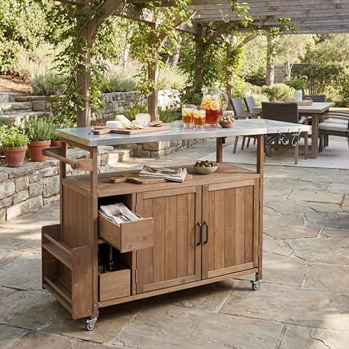 Christopher Knight Home Edsel Outdoor Bar Cart with Stainless Steel Top and Lockable Wheels, Solid Wood Outdoor Storage Cabinet, Kitchen Island Serving Cart for Poolside, Garden, Natural Brown+Silver