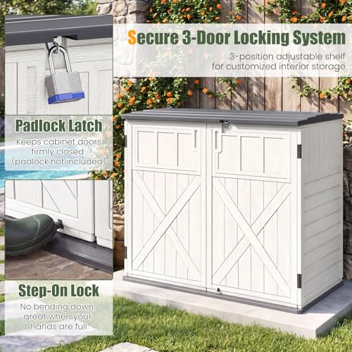 Tangkula Large Outdoor Storage Cabinet, 20 Cu.Ft Horizontal Resin Storage Shed with Adjustable Shelf & Lockable Doors, Weatherproof Patio Storage Box for Gardening Tools Cushions (White)