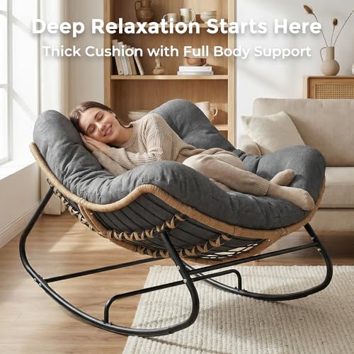 SWITTE Outdoor Papasan Rocking Chair, Oversized Patio Egg Chair with Thick Cushion, Indoor Wicker Lounge Rocker Bed for Balcony, Porch, Garden, Gray