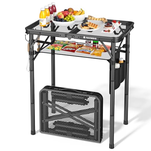 Folding Grill Table for Outside, 3 Height Adjustable Small Camping Table with Mesh Bag, Metal Aluminum Folding Table, 23.62 x 15.75 inches, Portable Grill Stand for Picnic, Camping, BBQ, Beach, Black