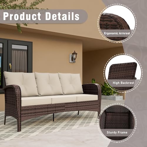 Qsoer Patio 3-Seater Sofa, PE Wicker Outdoor Lounge with Thick Removable Cushions, Rust-Proof Steel Frame, 900LBS Capacity, Beige