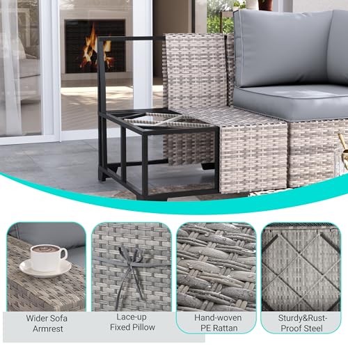 Muphyers 10-Piece Outdoor Patio Furniture Set with Rocking Swivel Chair, PE Wicker Rattan Sectional Sofa Patio Conversation Set with 55,000 BTU Fire Pit Table & Coffee Table, Grey