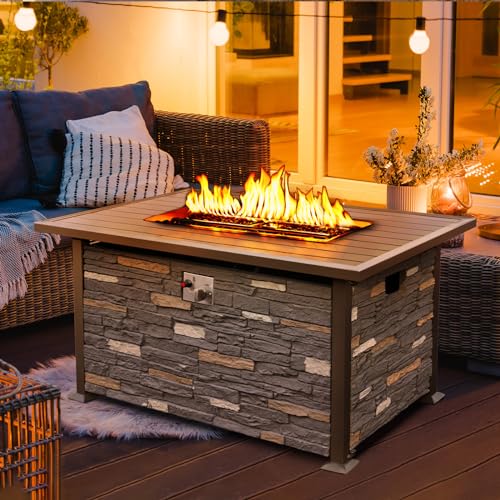 NOBLEMOOD 48 INCH Propane Fire Pit Outdoor Fire Table w/Faux Ledgestone Base, 50,000 BTU Gas Fire Pit Table w/Metal Table Top, Dustproof Cover for Outdoor, Patio, Garden, CSA Certification