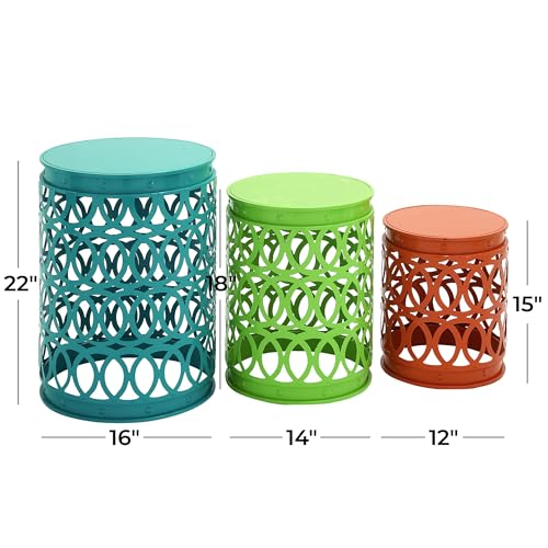 Deco 79 Metal Side End Accent Table Indoor Outdoor Nesting End Table with Carved Trellis Design, Set of 3 Side Table 22", 18", 15"H, Multi Colored