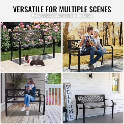 VEVOR Outdoor Bench, 46" Iron Steel Frame Garden Park Bench with Mesh Pattern and Plastic Backrest Armrests, Patio Bench for Garden, Park, Yard, Front Porch