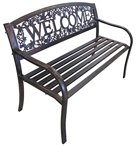 Leigh Country Metal Outdoor Bench, Welcome Design, Decorative Patio Seating for Porch/Deck