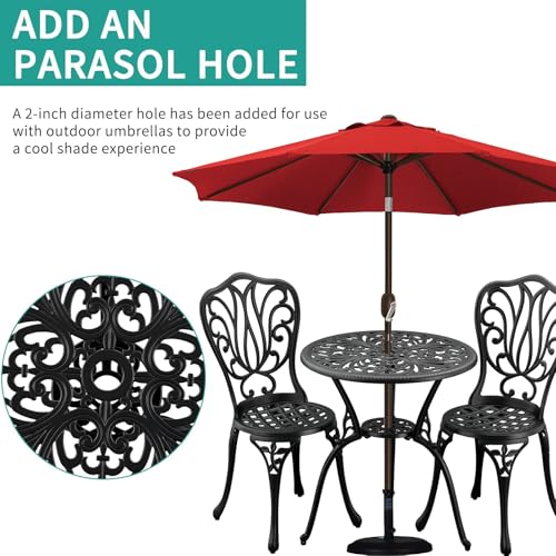 ZOTORUN 3-Piece Outdoor Bistro Set Cast Aluminum Patio bar Set with Umbrella Hole, Balcony, Backyard(Black, Butterfly)