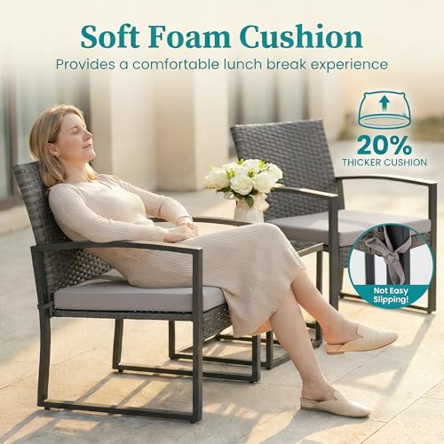 Bezseller 3 Pieces Patio Furniture Set, Outdoor Rattan Bistro Set with Coffee Table, Durable Steel Frame with Strapped Cushions for Garden, Balcony, Poolside, Backyard