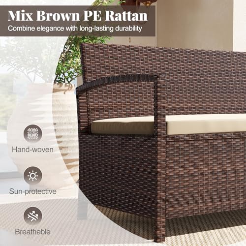 Tangkula 42 Gallon Outdoor Bench with Storage, Outdoor PE Rattan Storage Bench with Cushion, Backrest & Acacia Wood Armrests, Metal Frame, Waterproof Deck Box Seat for Porch Backyard Poolside