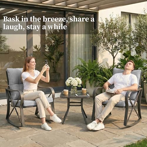 COSIEST 3 Piece Bistro Set Patio Rocking Chairs Outdoor Furniture w Warm Gray Cushions, Glass-Top Table for Garden, Pool, Backyard