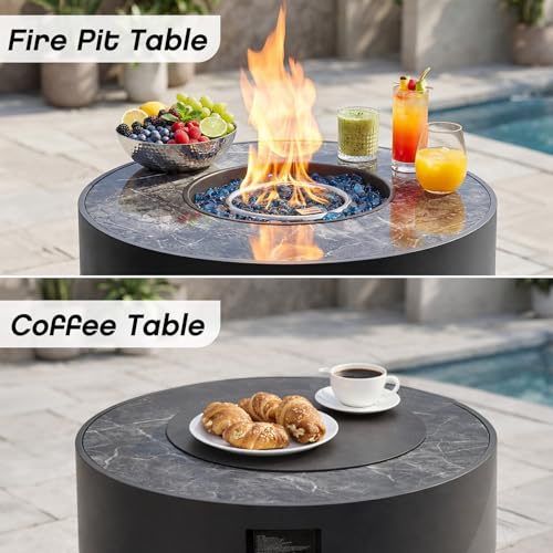 COMAZOO 2PCS 32 Inch Round Fire Pit Table with Tank Cover, 2-in-1 Outdoor Propane Fire Pit Table for Patio, Garden & Backyard, 50,000 BTU with Lid, Glass Rocks & Waterproof Cover, Black