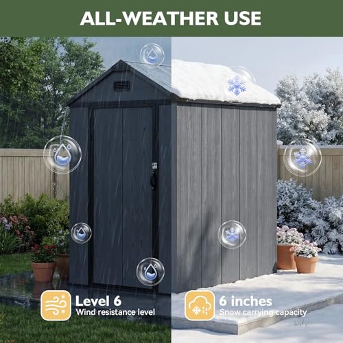Aoxun 4x6 FT Resin Shed with Reinforced Floor, Outdoor Storage Shed, All-Weather Plastic Tool Storage with Lockable Door, Window & Vents for Garden, Patio, Bike & Garbage Can, Dark Gray