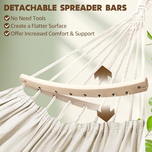 Chihee Cotton Hammock Holds Up to 660lbs Fabric Hammock 8.9x4.9ft Soft Portable Tree Hammocks Camping with Detachable Spreader Bar Pillow 2 Strong Webbings 2 Carabiners Indoor Outdoor Backyard Garden