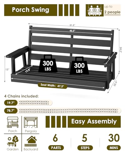 GREENVINES Porch Swing | 51’’ | HDPE Plastic | for Outdoor Patio | All Weather | Waterproof Bench Swings | w/ 4 Stainless Steel Chains | Black