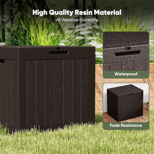 NEWBULIG 31 Gallon Outdoor Storage Box, Waterproof Deck Box with Lockable Lid, Patio Furniture Bench & Side Table, Easy Assembly, for Garden, Pool, Patio & Backyard Organization, Brown