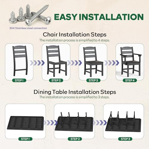 HOPUBUY 7 Pieces Patio Dining Set for 6, 71" HDPE All-Weather Patio Table and Chairs Set with Umbrella Hole, Durable Outdoor Furniture Set for Garden, Backyard, Lawn & Poolside (Black)