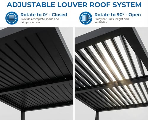 Louvered Pergola 10x12FT, Outdoor Aluminum Pergola with Adjustable Louvered Roof, Weather-Resistant Metal Pergola Shade Structure with Waterproof Curtains and Nets for Garden, Backyard, Poolside