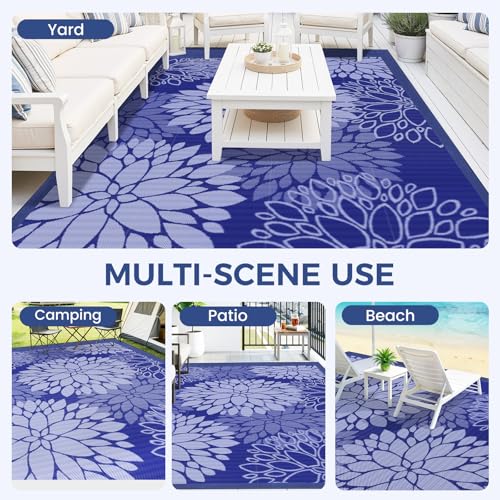 Mattitude Outdoor Rug 8' x 10' Waterproof, Reversible Portable Plastic Straw Area Rugs, Patio Carpet for RV Camping, Porch, Deck, Backyard, Camper, Pool, Picnic, Blue & White