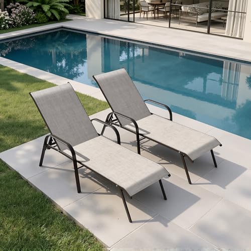 Crestlive Products Outdoor Chaise Lounge Chair,5-Position Pool Lounge Chairs with Armrests Sunbathing Recliner for Patio, Beach, Deck, Yard (2PC Beige)
