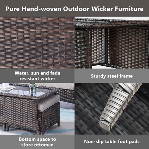 Belord Outdoor Coffee Table with Tempered Glass Top, Patio Rectangular Brown Wicker, Handwoven Rattan Coffee Table Compatible with Patio Furniture Sets for Porch Deck Backyard