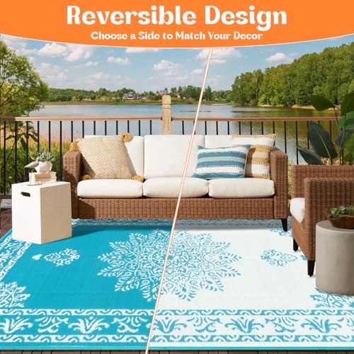 Outdoor Rug 5x8 Ft, Waterproof Plastic Straw Patio Rug, Reversible Backyard Carpet UV Resistant Portable RV Mat Clearance, Large Indoor Outdoor Rug for Patio, Porch, Deck, Balcony, Teal