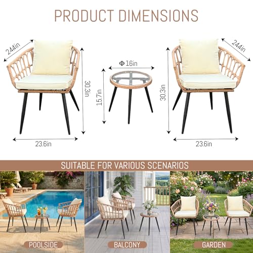 MaagorVita 3 Piece Outdoor Patio Bistro Set,All-Weather Modern Wicker Table and Chairs Set for Backyard,Deck,Poolside,Beige