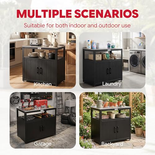 Feasto Outdoor Potting Bench with Storage, Stainless Steel Tabletop Garden Work Bench with Storage Cabinet & Removable Inner Shelf for Patio Lawn Outdoor Gardening