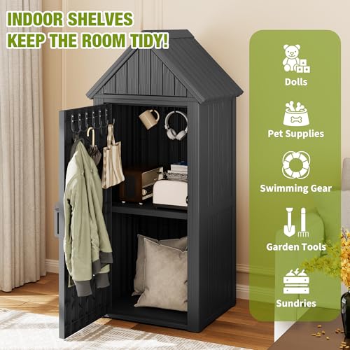 WTFGO Vertical Outdoor Storage Shed, Waterproof Resin Outdoor Storage Cabinet with Removable Shelves & 12 Hooks, Lockable Small Tool Shed for Garden, Backyard, Patio, Pool, Black