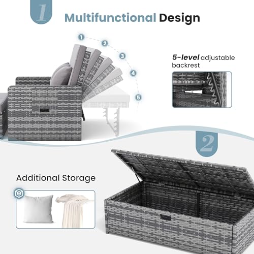 Amopatio Wicker Outdoor Daybed, Outdoor Loveseat with Storage Ottoman, Rattan Patio Daybed, Patio Loveseat with 4-Level Adjustable Backrest & Folding Tray, for Yard, Balcony, Porch, Poolside, Grey