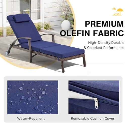 Mvpipi Outdoor Chaise Lounge Chairs Set of 2 with Wheels & Adjustable Backrest, Pool Lounge Chairs Set of 2 with Cushions, Wicker Poolside Lounge Chairs for Patio Deck Backyard, Blue