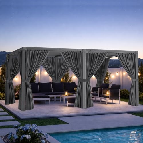 SAILARY Louvered Pergola 12' x 16' with Waterproof Curtains, Outdoor Aluminum Pergola with Reinforced Steel Roof, Heavy-Duty Hardtop Gazebo, Privacy Shaded Shelter, Grey