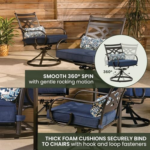 Hanover Montclair 5-Piece Outdoor Dining Set with Stamped Steel Square Dining Table and 4 Swivel Rocker Chairs with Cushions, Weather-Resistant Patio Dining Set for 4, Patio, Backyard, Deck