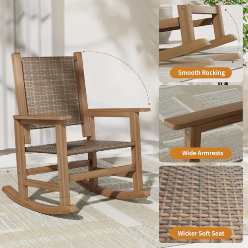 RICNOD HDPE Rocking Chair Outdoor 1 PCS, Wicker Rocking Chair for Patio, Woven Seat & Back, All Weather Rocking Chair for Front Porch, Garden, Lawn and Balcony (Brown)