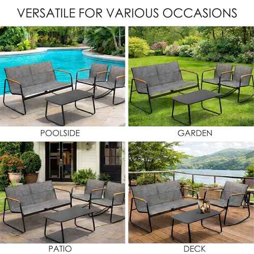 Kozyard 4-Piece Outdoor Patio Furniture Set with Textilene Chairs, Metal Conversation Set, Tempered Glass Coffee Table, Powder-Coated Steel Frame for Garden, Poolside, Backyard Gray