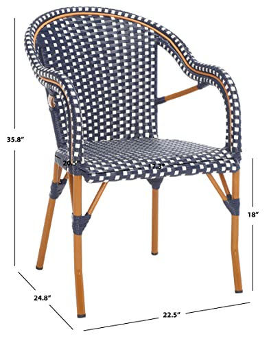 SAFAVIEH Outdoor - California Armchair Set of 2 - Navy & White - Faux Wicker & Aluminum Frame - Woven Bistro Design with Arms - Ideal for Patio, Sunroom, Dining Area, 17.3" Seat Height (PAT7531E-SET2)