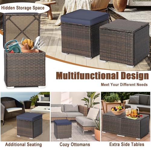 RELAX4LIFE Wicker Outdoor Storage Ottoman, 2-Piece Rattan Footstool w/Removable Cushion, Multipurpose Footrest Stool Side Table Additional Seating, Set of 2 Outdoor Ottomans for Patio Deck (Navy)