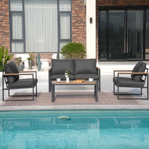 COMLAX FIELD Patio Furniture Set, 4 Pieces Outdoor Patio Furniture with Coffee Table Set, Metal Patio Conversation Sets with Washable and High-Resiliency Sponge Cushions,Upgarded Grey