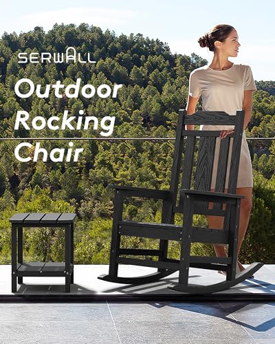 SERWALL Black Outdoor Rocking Chair Set of 2, All Weather Patio Rocking Chair, HDPE Poly Rocking Chair for Adults, Heavy Duty Front Porch Rocker