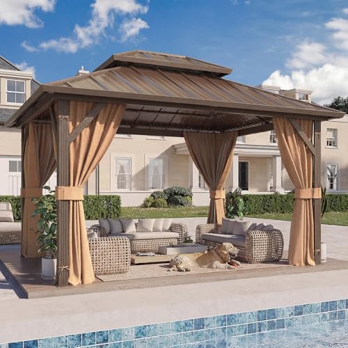 YOLENY 10' x 12' Gazebo Hardtop with Aluminum Frame,Galvanized Steel Double Roof Gazebos with Curtain and Netting,Outdoor Metal Pergolas for Garden, Lawn, Deck, Brown