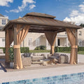 YOLENY 10' x 12' Gazebo Hardtop with Aluminum Frame,Galvanized Steel Double Roof Gazebos with Curtain and Netting,Outdoor Metal Pergolas for Garden, Lawn, Deck, Brown