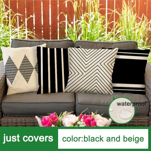 RABUSOFA Outdoor Pillows Waterproof,18x18 inch Black and White Throw Pillows Boho Set of 4 for Patio Furniture,Sunbrella Outdoor Pillow Covers for Couch(2W-18) (no Insert)