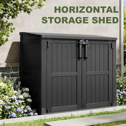 WTFGO 36 Cu Ft Resin Outdoor Storage Shed, Weatherproof Horizontal Outdoor Storage Cabinet with Dual Lock Door for Backyard, Patio, Garage, Garden(Black)