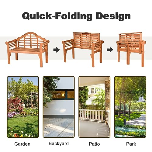 Giantex Outdoor Wood Bench, 4 Ft Foldable Eucalyptus Garden Bench, Two Person Loveseat Chair Solid with Curved Backrest and Armrest Ideal for Patio, Porch or Balcony (Teak)