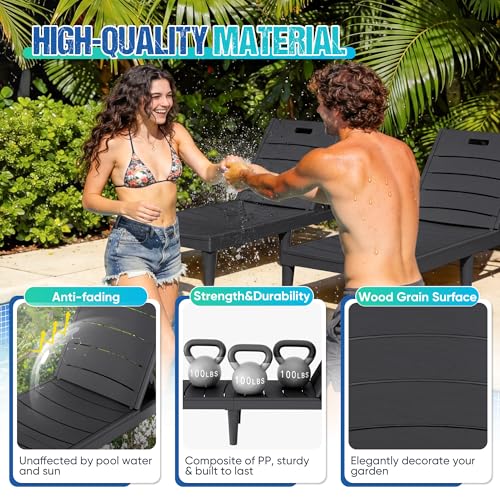 Greesum Outdoor Chaise Lounge Chair Set of 2, Waterproof 5-Position Adjustable PP Sun Loungers for Patio, Poolside, and Beach Sunbathing, Black