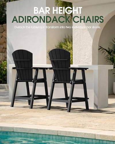 SUUNYN Tall Adirondack Chairs Set of 2, HDPE High Adirondack Chairs with Double Removable Trays, All Weather Outdoor Barstools for Patio, Balcony, Backyard, Deck and Garden, Black