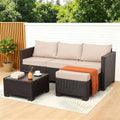 Rattan Star Patio Furniture Set 3 Piece Outdoor Sectional Sofa Set with Wicker Couch, Ottoman, Patio Table All-Weather Non-Slip Cushions and Waterproof Covers, Khaki