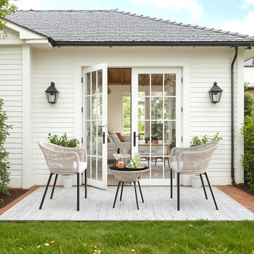 Devoko Patio Furniture Set 3 Pieces Rope Woven Bistro Set Outdoor Conversation Set with 2 Wide Chairs,Cushions and Tempered Glass Table for Balcony Porch Backyard Garden Poolside