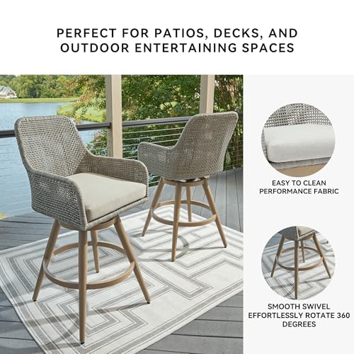 Signature Design by Ashley Seton Creek Casual Nuvella Weather Resistant Fabric, Resin Wicker Swivel Outdoor Bar Height Bar Stool with Cushion, Footrest and Armrest, Set of 2, Beige & Light Gray