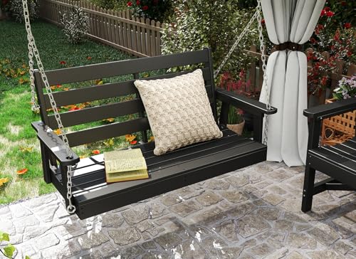 GREENVINES Porch Swing | 51’’ | HDPE Plastic | for Outdoor Patio | All Weather | Waterproof Bench Swings | w/ 4 Stainless Steel Chains | Black
